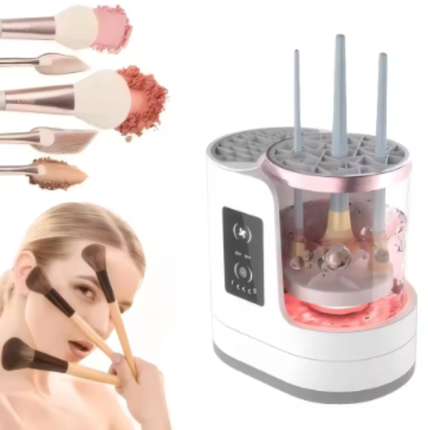 Makeup brush cleaner with brushes and a woman using them on a white background