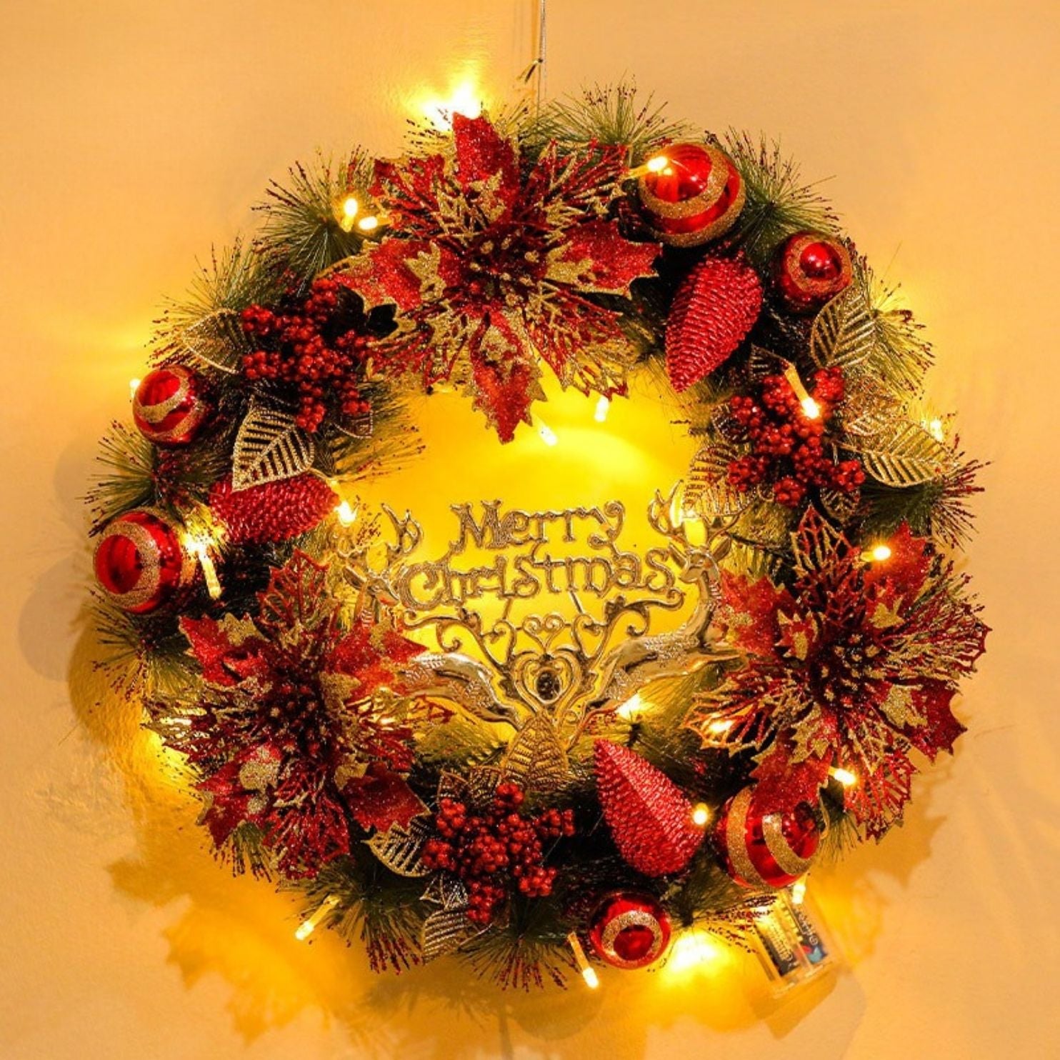 🎄 Christmas Wreath Collection (35–40cm) – Festive Pine Needle Door Decor with Optional LED Lights
