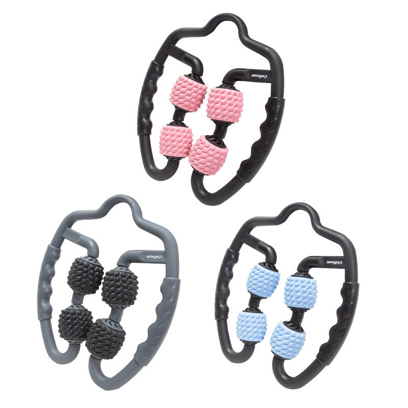 Three handheld massagers with different ball designs on a white background