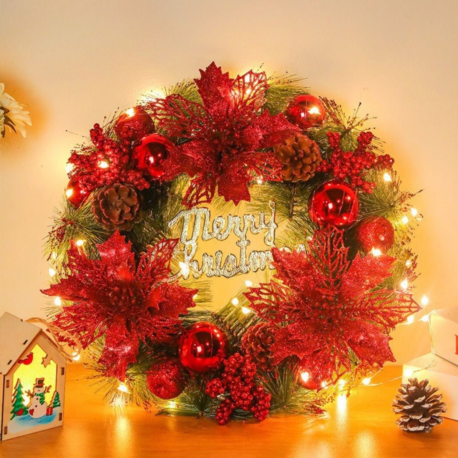 🎄 Christmas Wreath Collection (35–40cm) – Festive Pine Needle Door Decor with Optional LED Lights