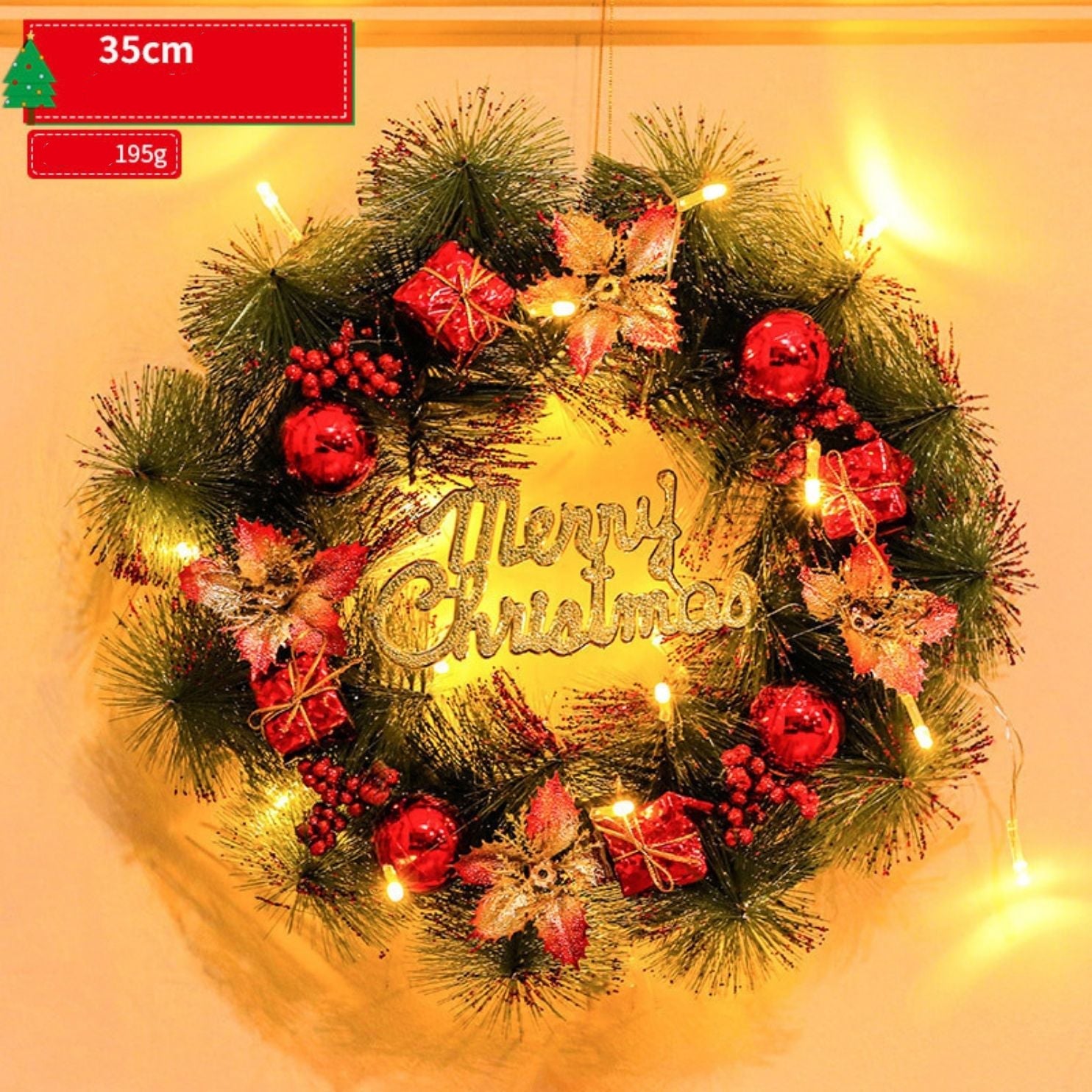 Decorative Christmas wreath with lights and 'Merry Christmas' text on a plain background