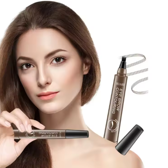 Woman holding an eye contouring product with a close-up of the product on a white background