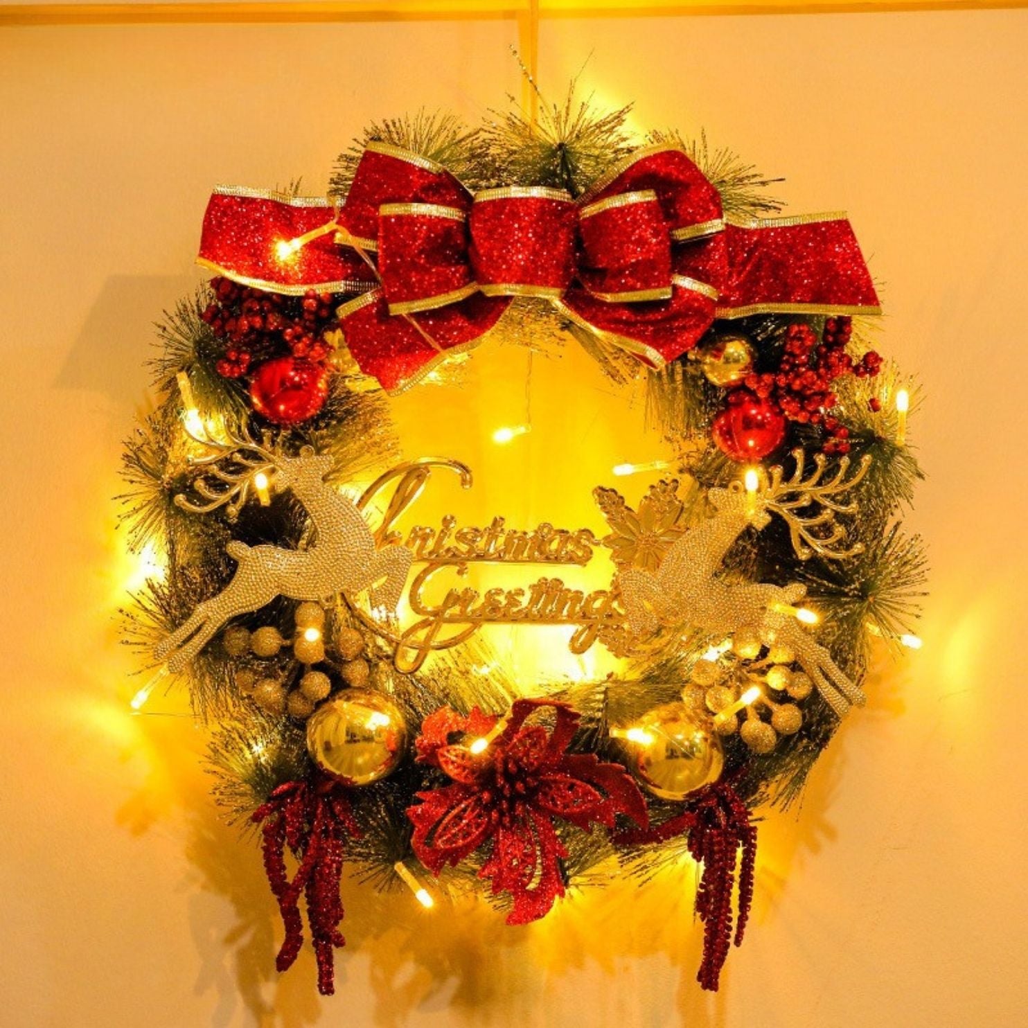 🎄 Christmas Wreath Collection (35–40cm) – Festive Pine Needle Door Decor with Optional LED Lights