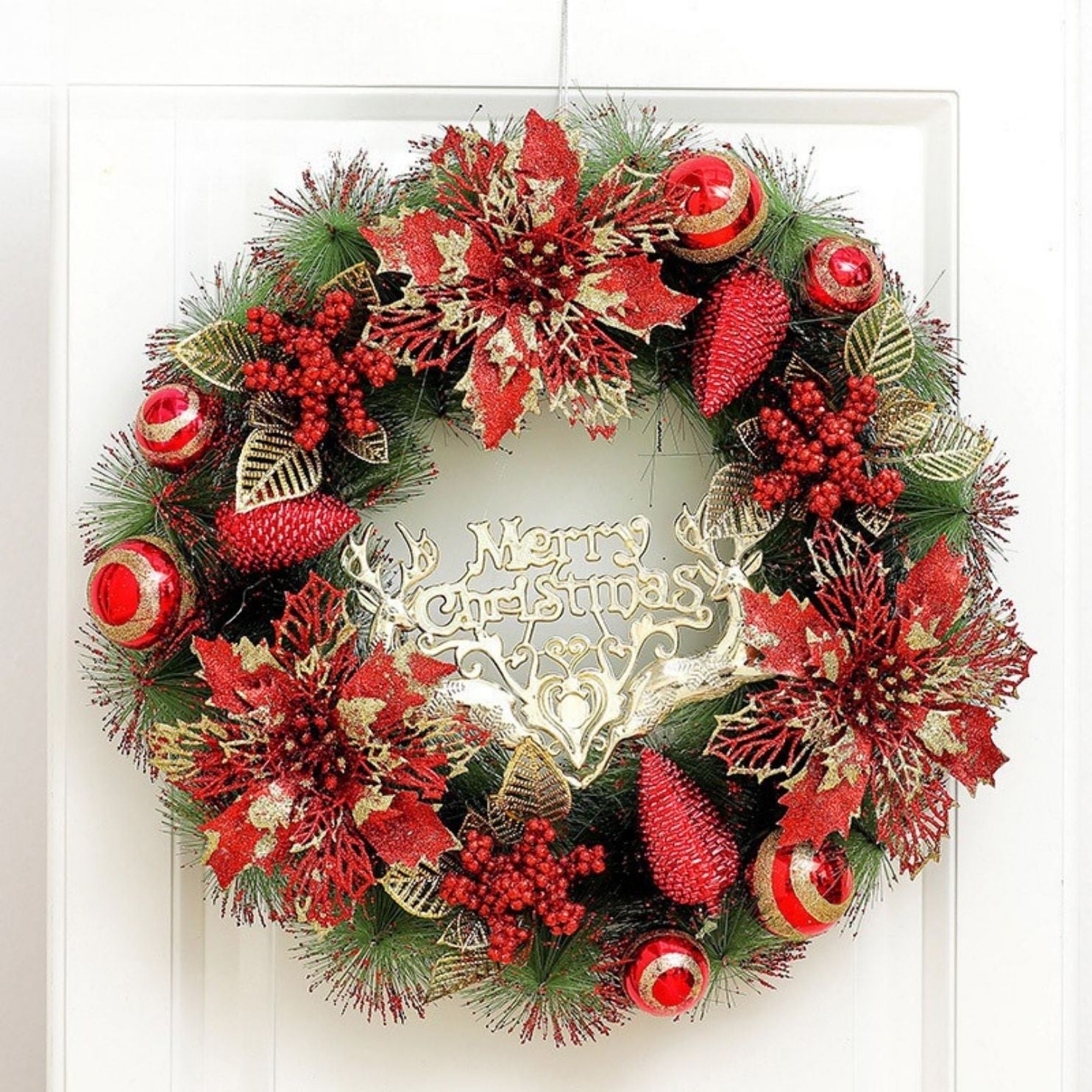 🎄 Christmas Wreath Collection (35–40cm) – Festive Pine Needle Door Decor with Optional LED Lights