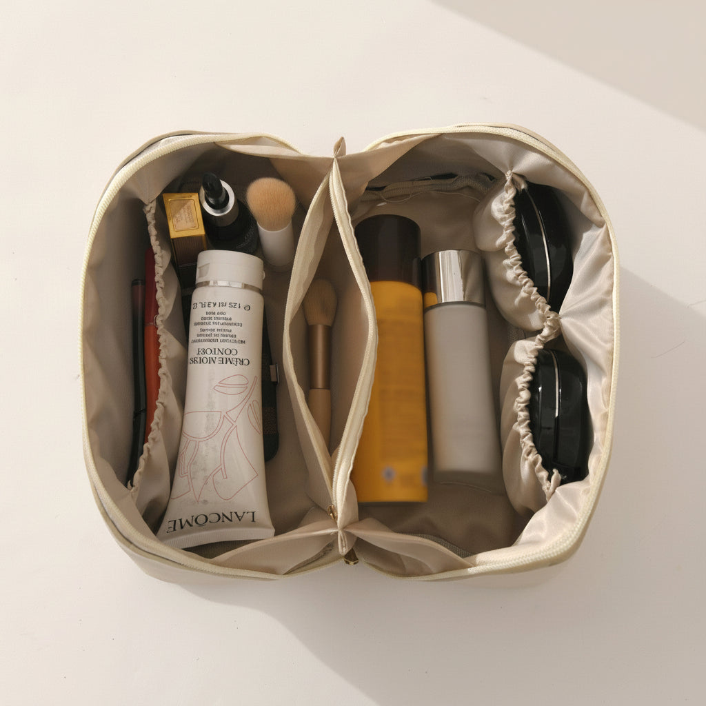 Open beige travel bag with skincare products on a light background