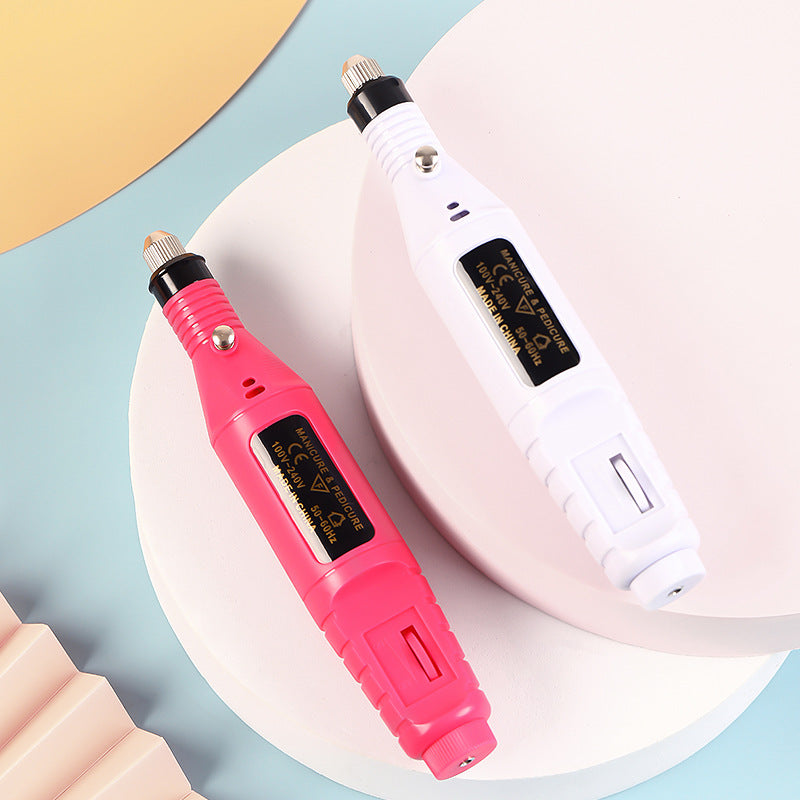 Two Portable Electric Nail Drill, one pink and one white, on a light blue and beige background.