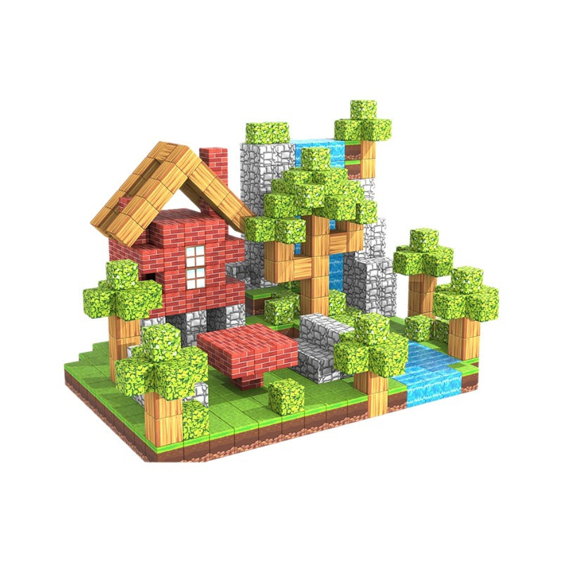 Toy building set with a house, trees, and water on a white background
