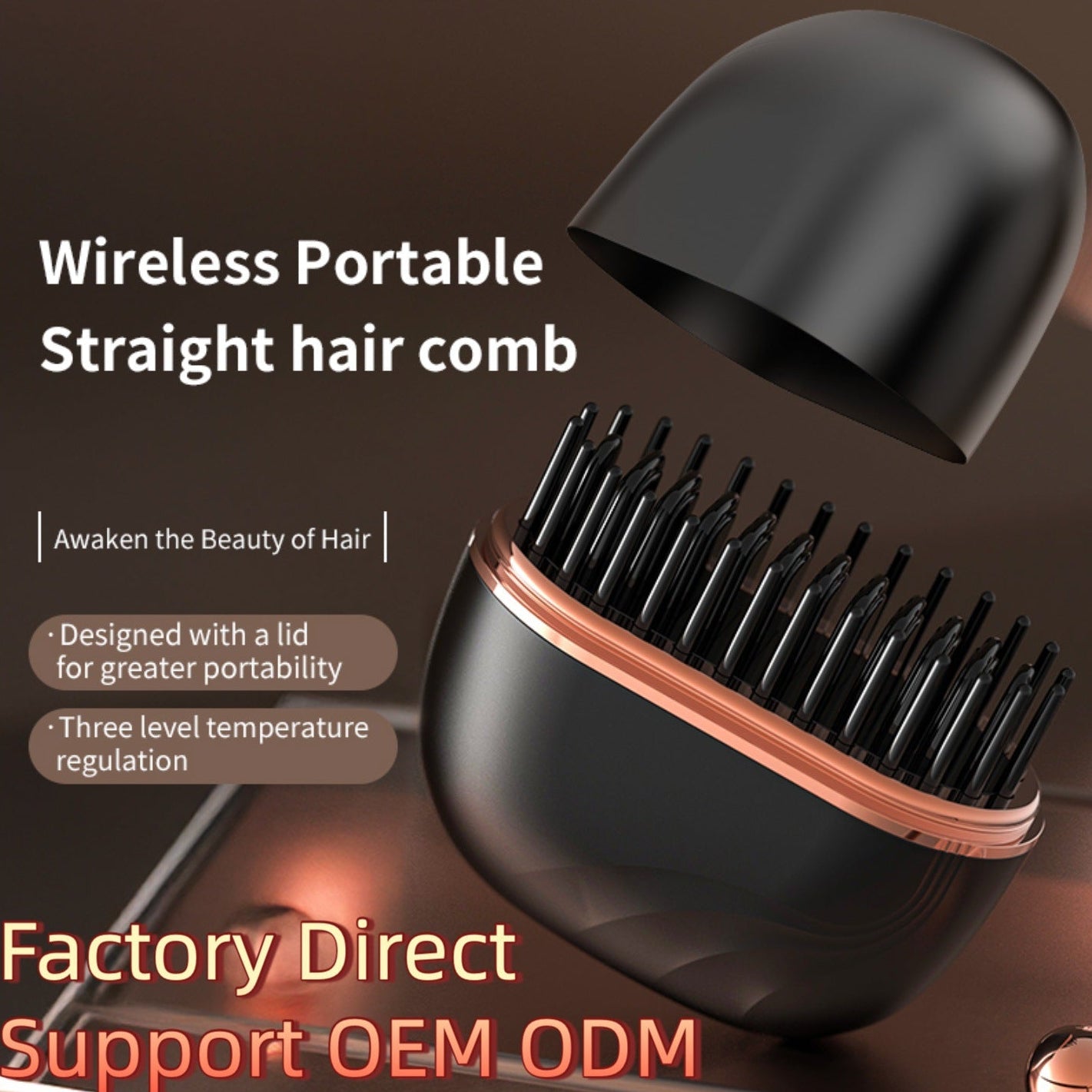 Wireless portable straight hair comb with text highlighting features on a dark background