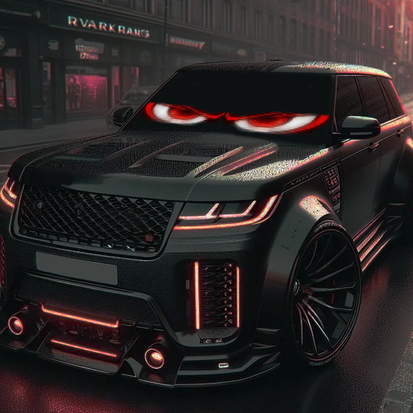 Black luxury SUV with red interior Eyes LED for Car on a city street