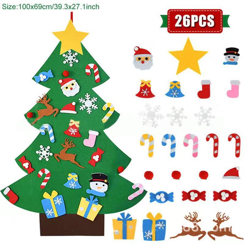 Felt Christmas tree set with various decorations on a white background