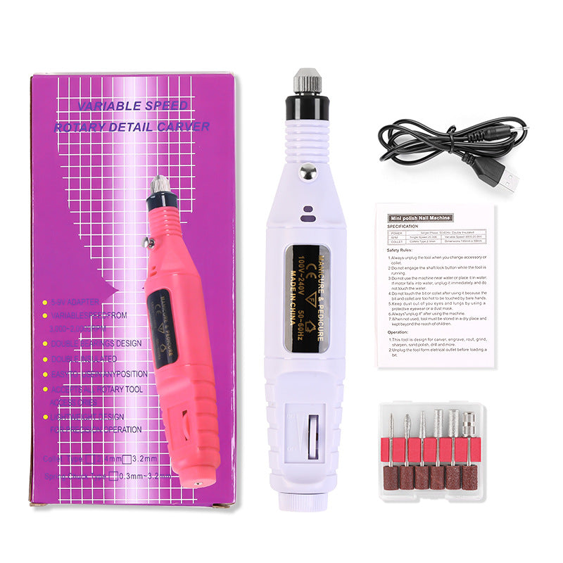 Portable Electric Nail Drill set with packaging, tool, cable, and attachments on a white background