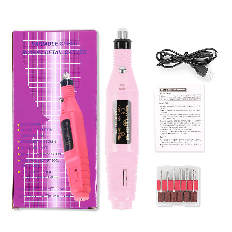 Pink variable speed Portable Electric Nail Drill with packaging, cable, and attachments on a white background