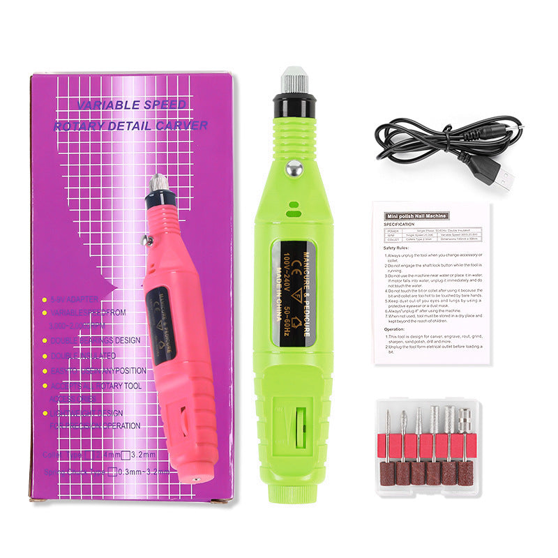 Green Portable Electric Nail Drill with pink tool and accessories on a white background