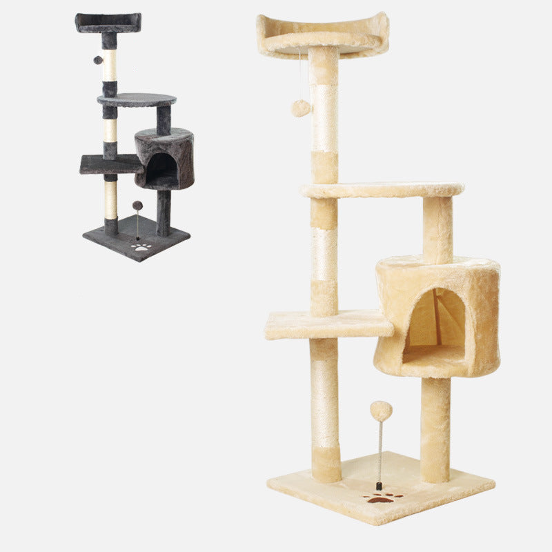 Two cat trees in different colors on a white background