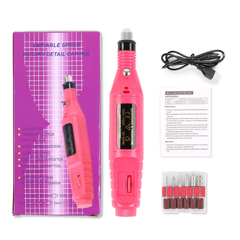 Pink variable speed Portable Electric Nail Drill with accessories on a white background