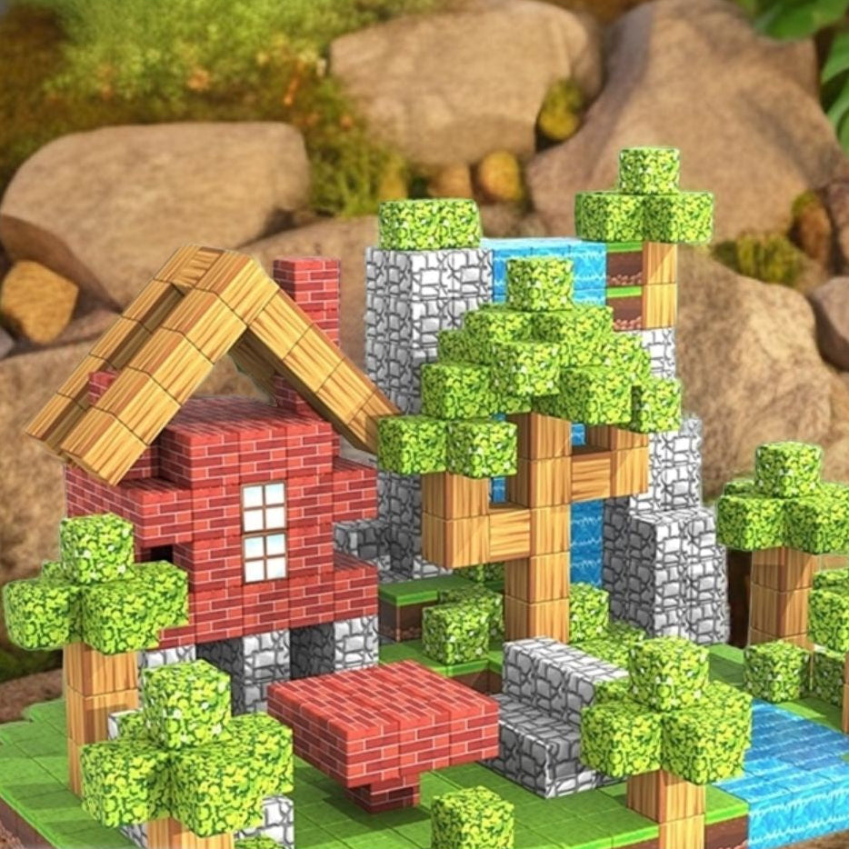 Toy building set resembling a forest house with trees and rocks in the background