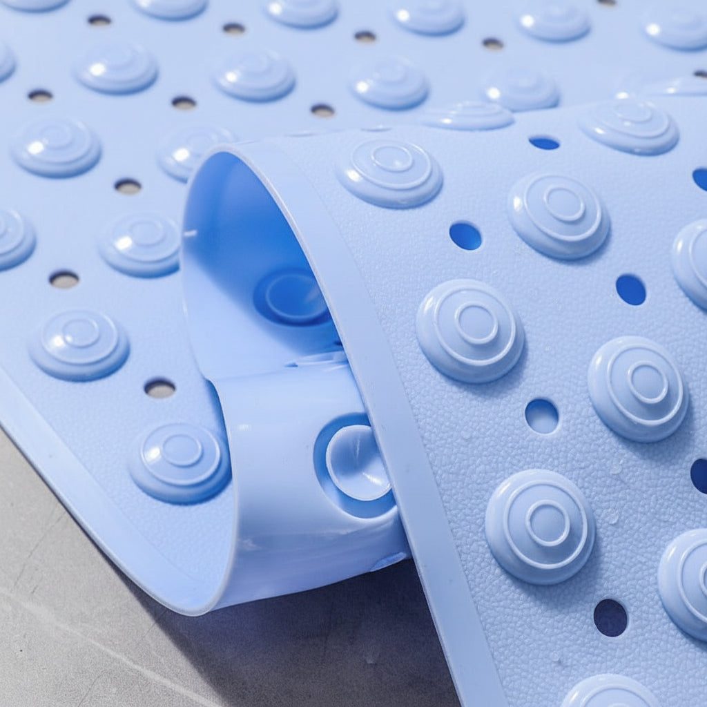 Blue foot massage mat with anti-slip design on a gray surface