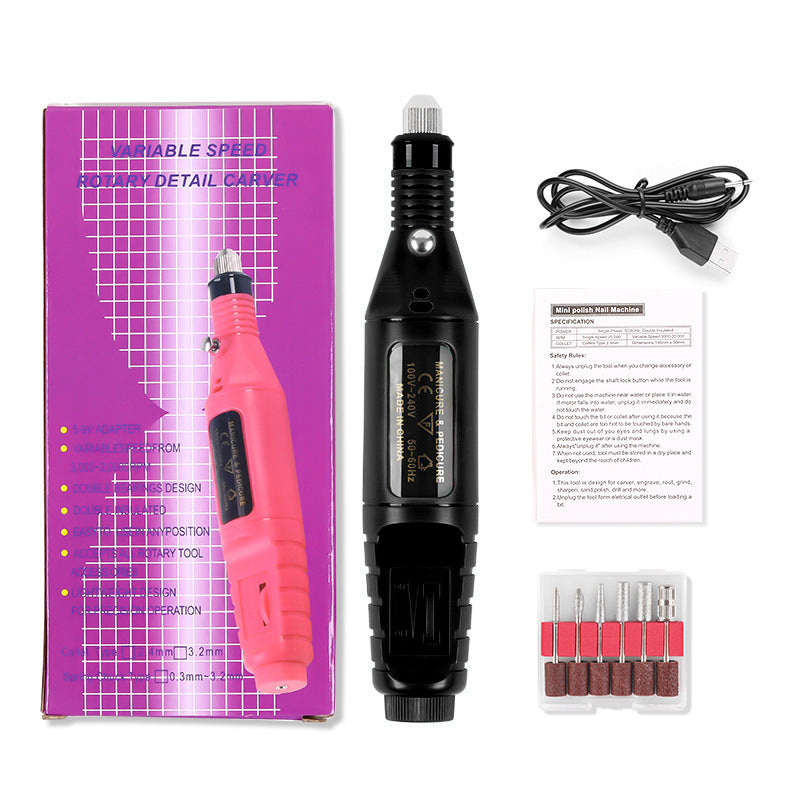 Variable speed Portable Electric Nail Drill with packaging, cable, and attachments on a white background