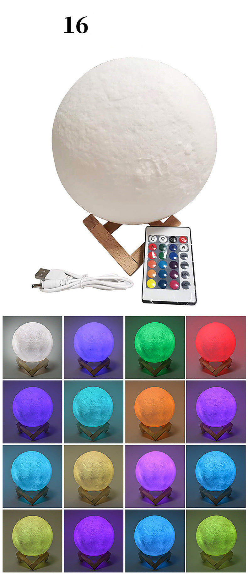 Moon-shaped night light with remote control displaying various colors.