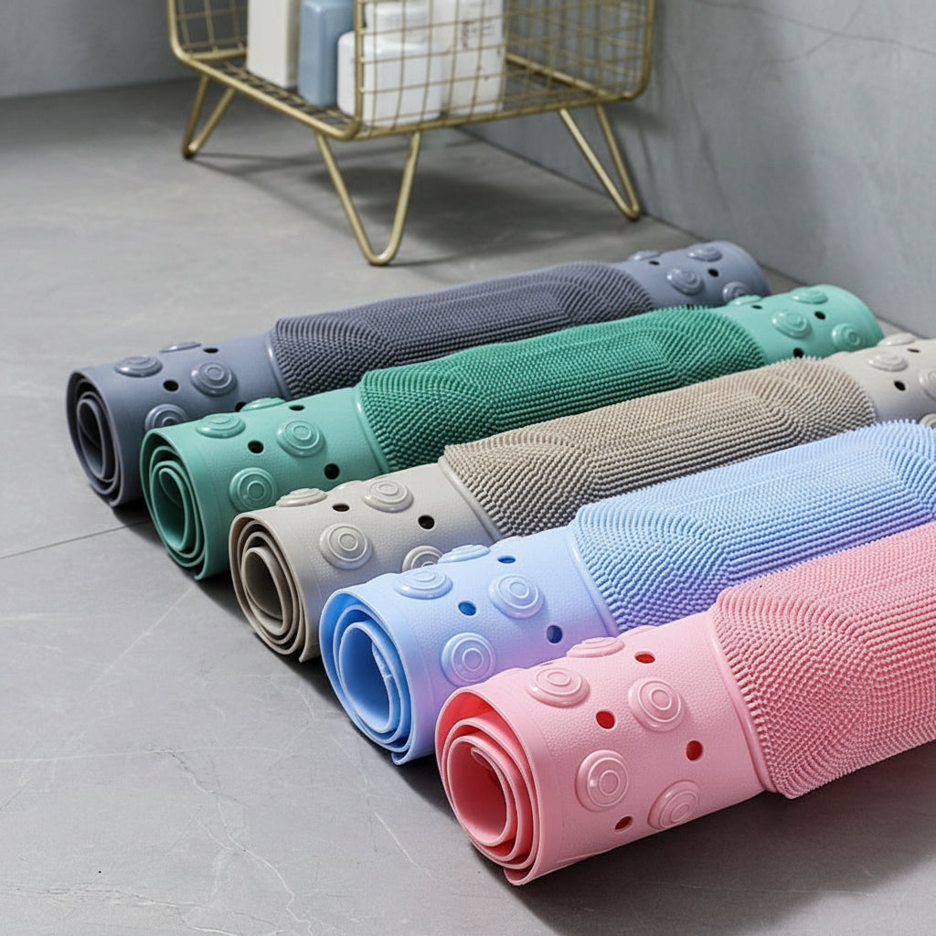 Set of rolled-up textured mats in various colors on a gray floor.