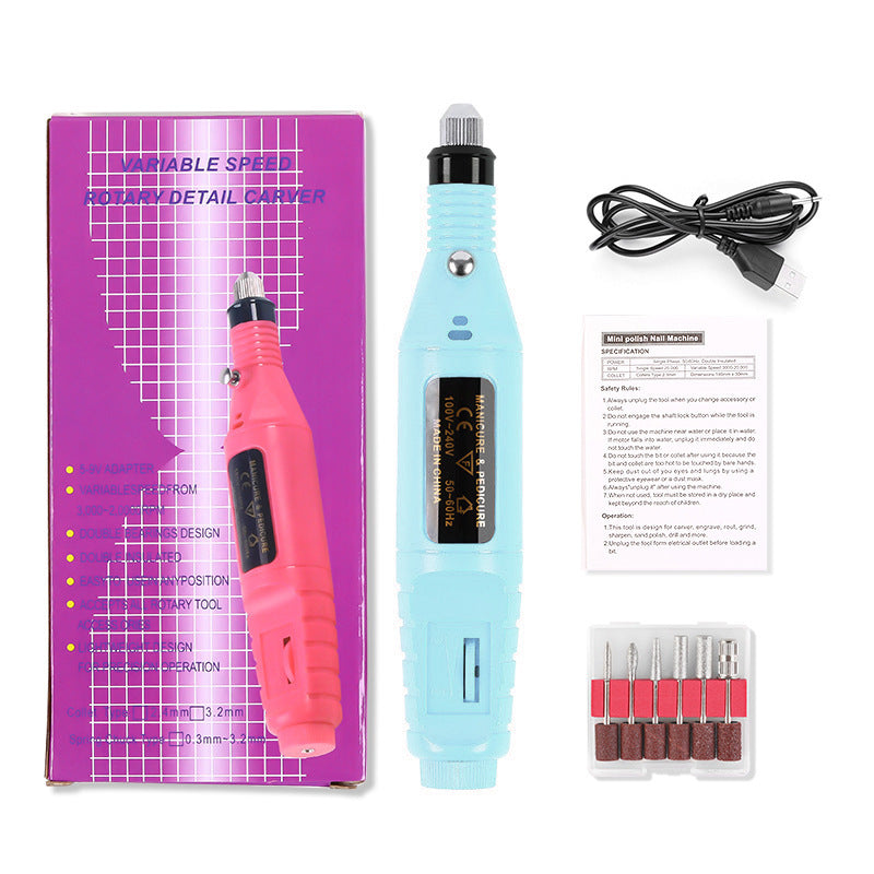 Variable speed Portable Electric Nail Drill with packaging, cable, and attachments on a white background