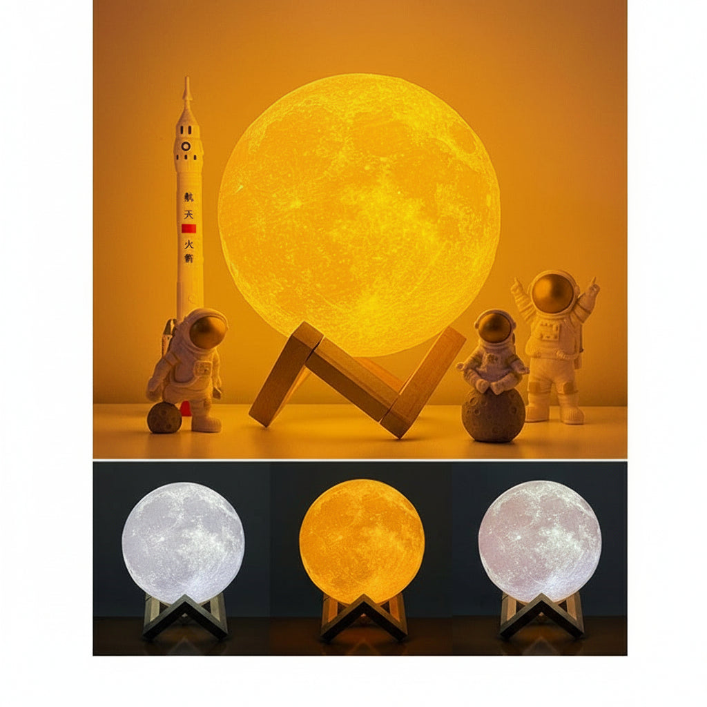 Moon-shaped lamp with three color options displayed on a stand with small astronaut figures.
