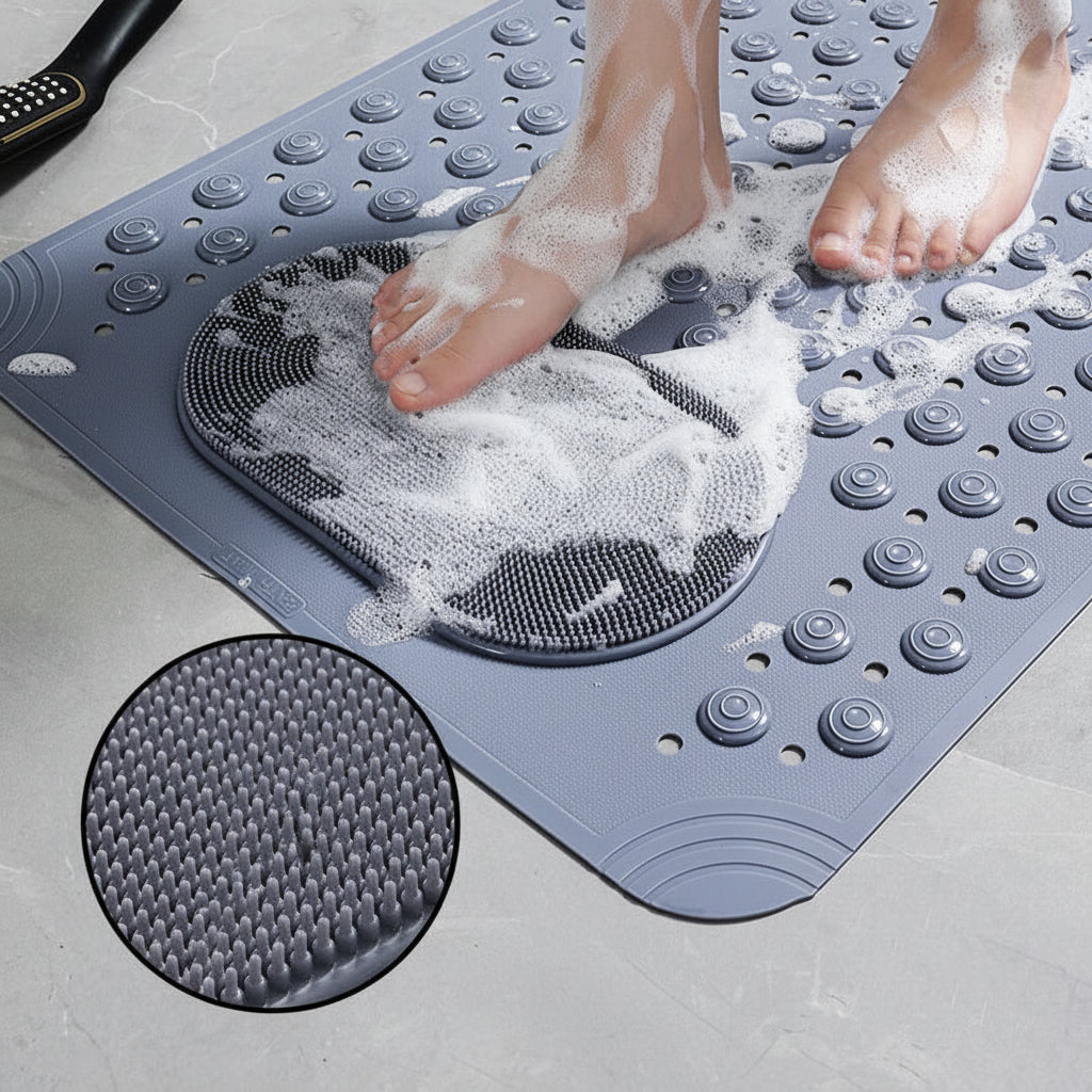 Person washing feet on a textured mat with close-up of material and text in Chinese.