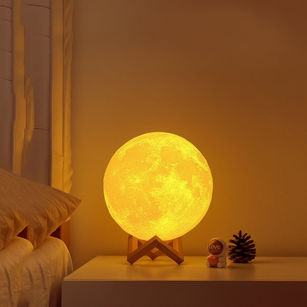 Moon lamp on a bedside table.
