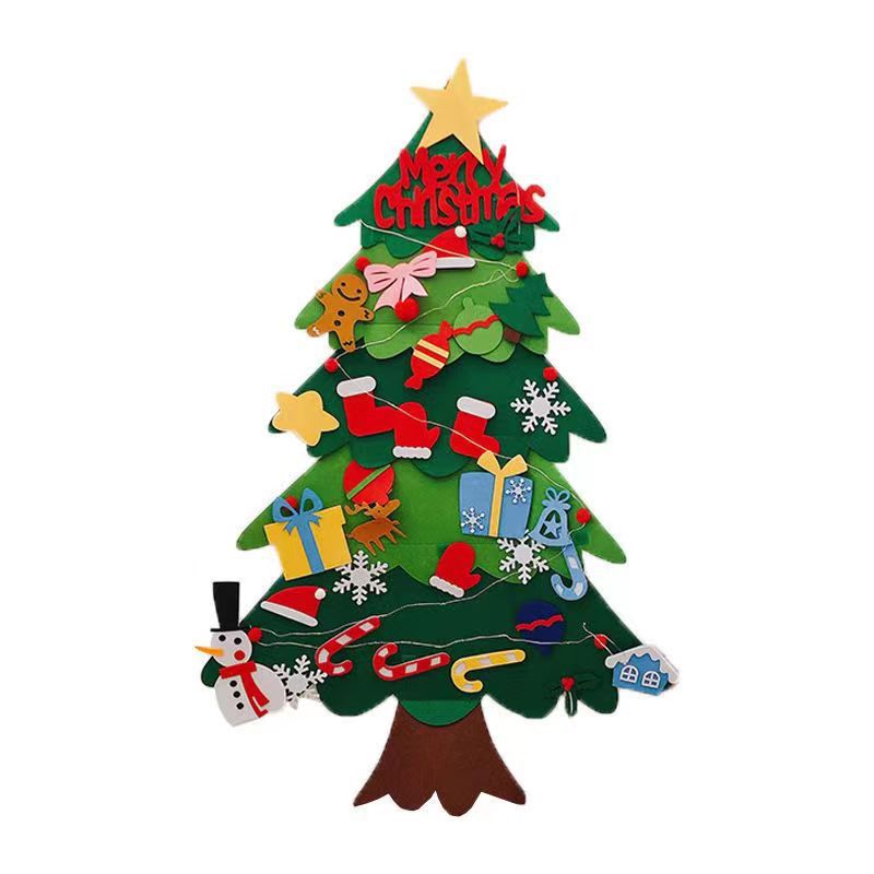 Felt Christmas tree with various decorations on a white background