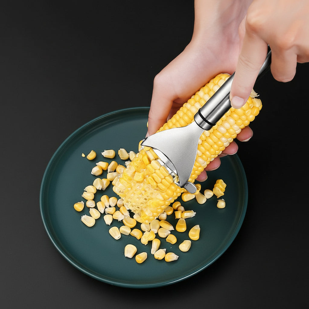 Corn shaver being used to remove corn kernels onto a plate.