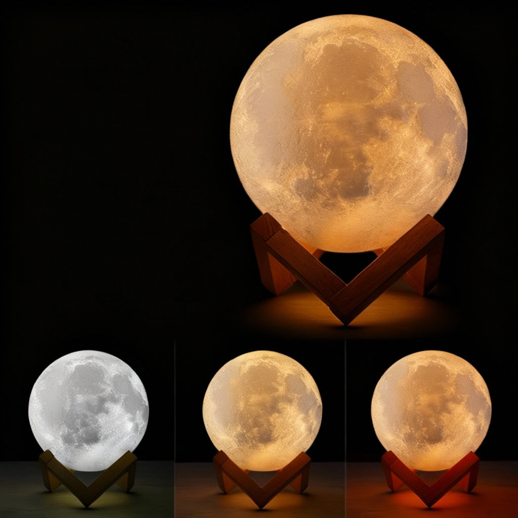 Moon-shaped lamp with three color options on a dark background