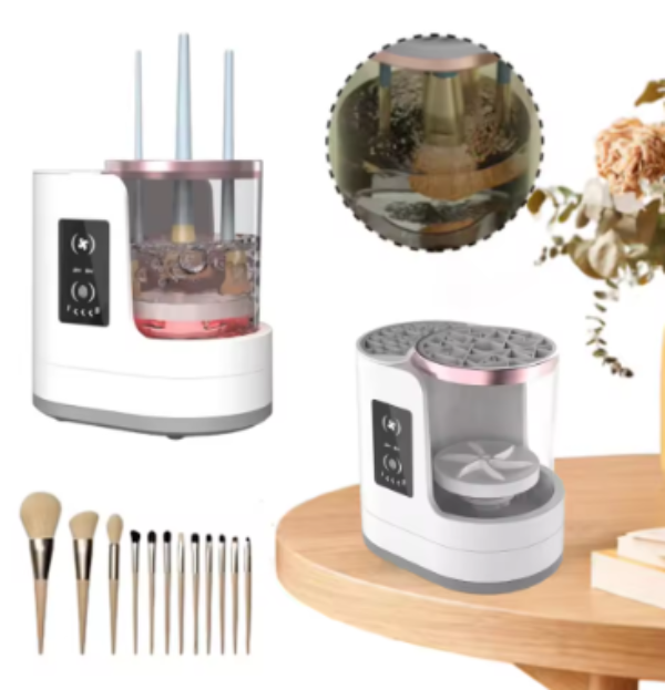 Collage of a Electric Makeup Brush Cleaner, a decorative ball, and various skincare tools on a white background.