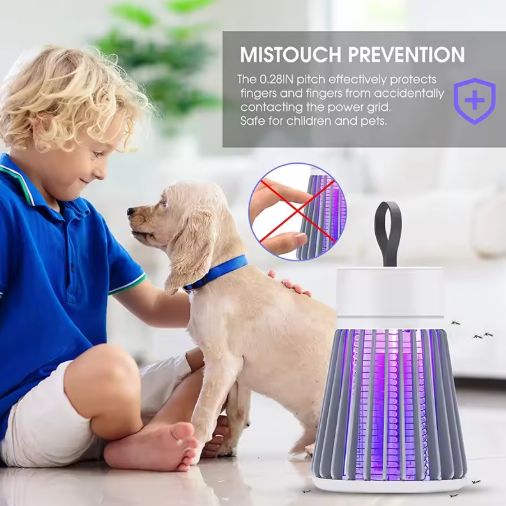 Child petting a dog next to a Electric Mosquito Killer Lamp with text about mistouch prevention.