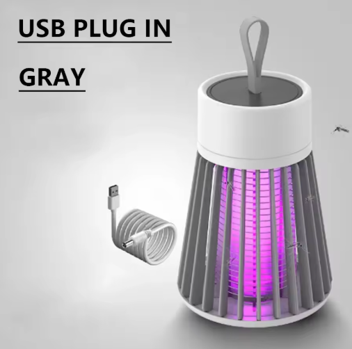 Gray USB plug-in Electric Mosquito Killer Lamp with a cable on a light gray background
