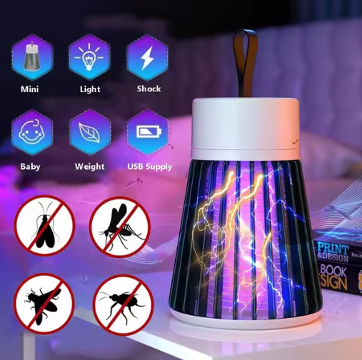 Electric Mosquito Killer Lamp device with features listed on a blurred background