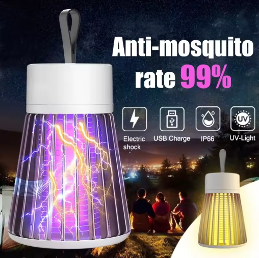 Anti-mosquito lamp with electric shock and UV light features, shown outdoors.