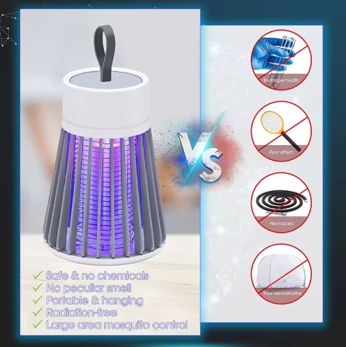 Electric Mosquito Killer Lamp with safety features and comparison icons on a white background