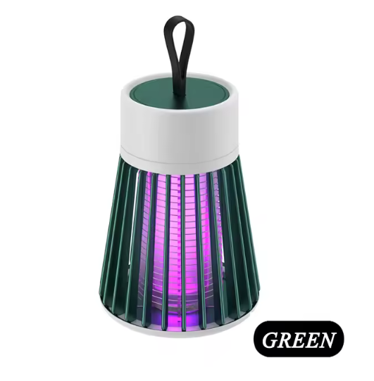 Green and white lamp with purple light on a white background