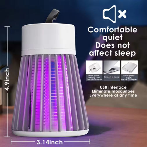 Mosquito repellent lamp with dimensions and features on a dark background