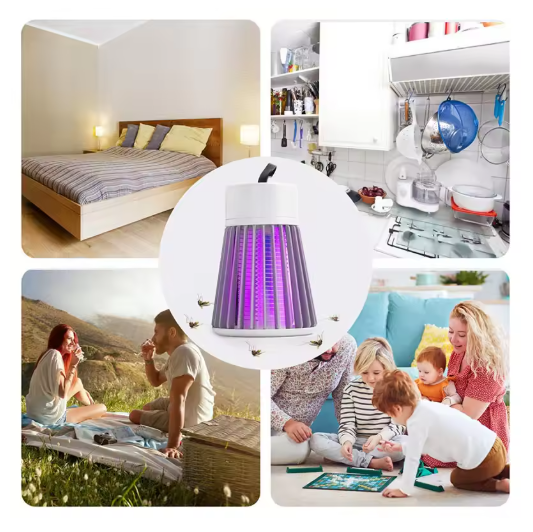 Collage of an Electric Mosquito Killer Lamp electronic device in various settings including a bedroom, kitchen, and outdoor picnic.