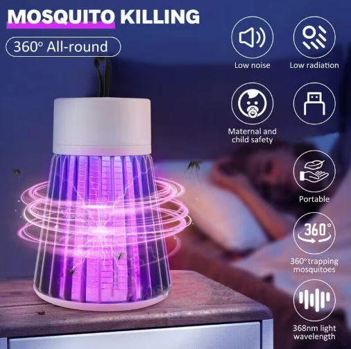 Mosquito killing device with purple light emitting and features listed on a blue background