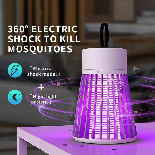 Electric Mosquito Killer Lamp with purple light on a table, surrounded by mosquitoes.