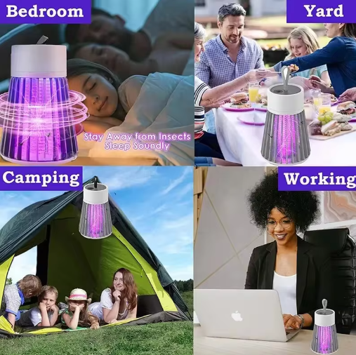 Collage of an Electric Mosquito Killer Lamp used in various settings including bedroom, yard, camping, and working.
