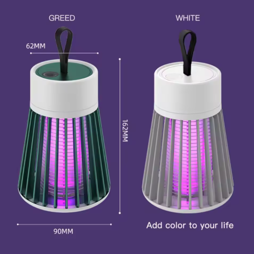 Two variations of Electric Mosquito Killer Lamp with dimensions and text on a purple background