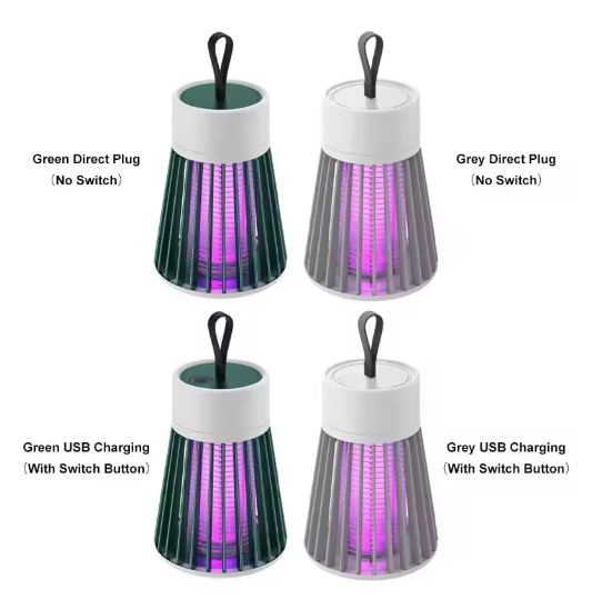 Four Electric Mosquito Killer Lamp with different color options and charging methods on a white background.