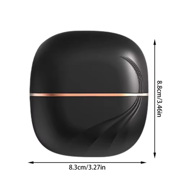 Black square-shaped Portable Mini Straightening Comb with a rose gold accent, shown with dimensions on a white background.