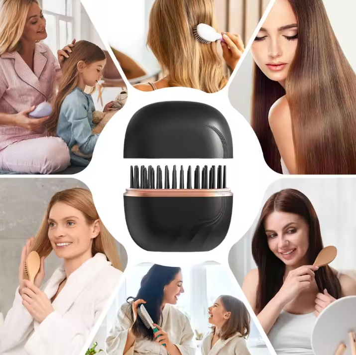 Collage of people using hair care products with a central focus on a black hairbrush.