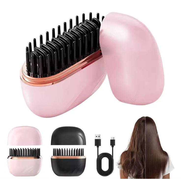 Pink Portable Mini Straightening Comb with black bristles, USB cable, and a person with styled hair on a white background.