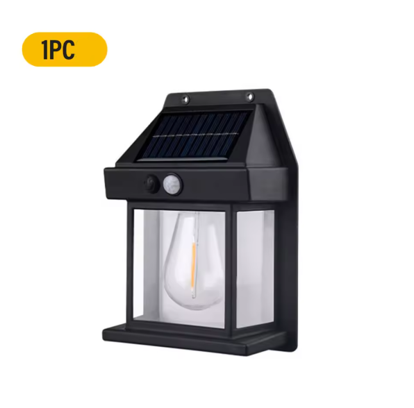 Black solar-powered outdoor wall light with a clear cover on a white background