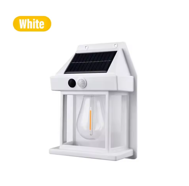 White solar-powered outdoor light fixture with a clear glass cover on a white background.